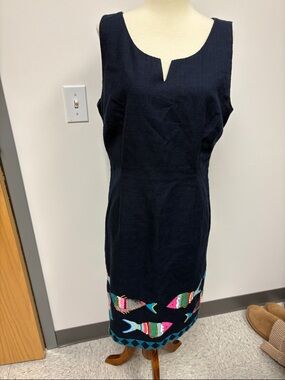 Talbots Navy Sleeveless Midi Dress with Colorful Fish Embroidery